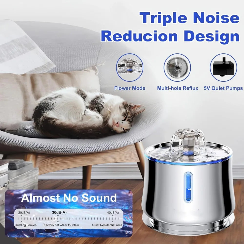 Stainless Steel Cat Water Fountain — 2.5L Ultra-Quiet Automatic Pet Drinking Fountain with Water Level Window
