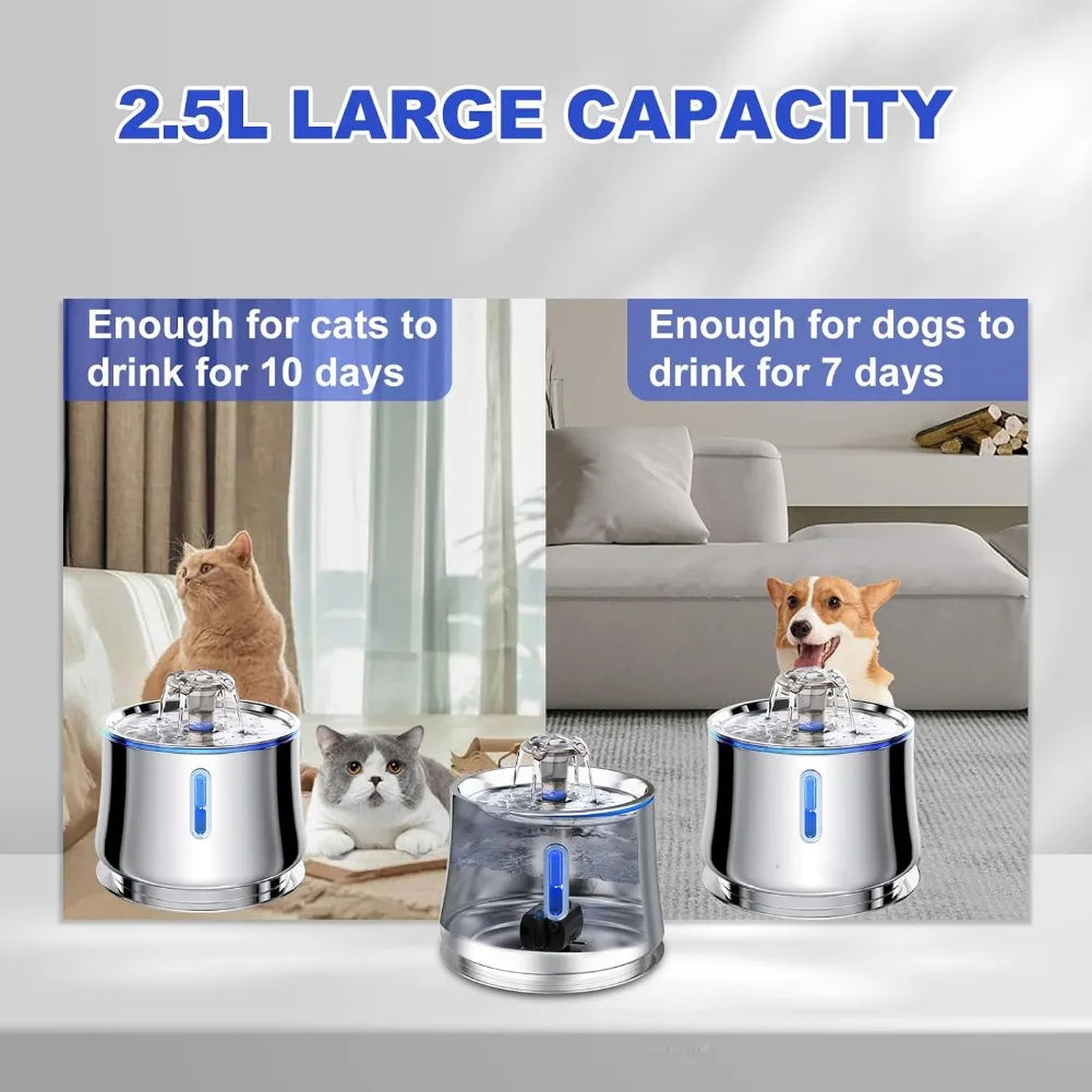 Stainless Steel Cat Water Fountain — 2.5L Ultra-Quiet Automatic Pet Drinking Fountain with Water Level Window