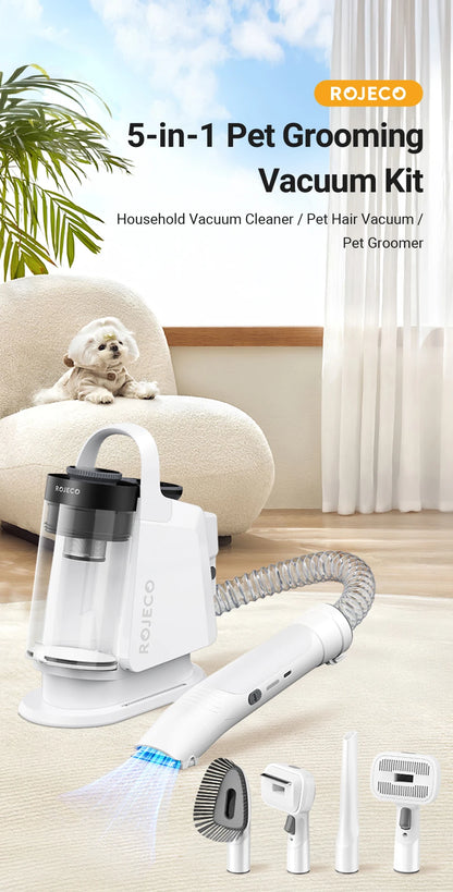 ROJECO 5-in-1 Pet Grooming Vacuum Kit — Professional De-Shedding & Hair Removal for Dogs & Cats